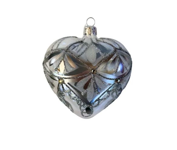 Suspension cœur en verre soufflé translucide argenté motifs dentelle pailletés pierres dorées H10cm