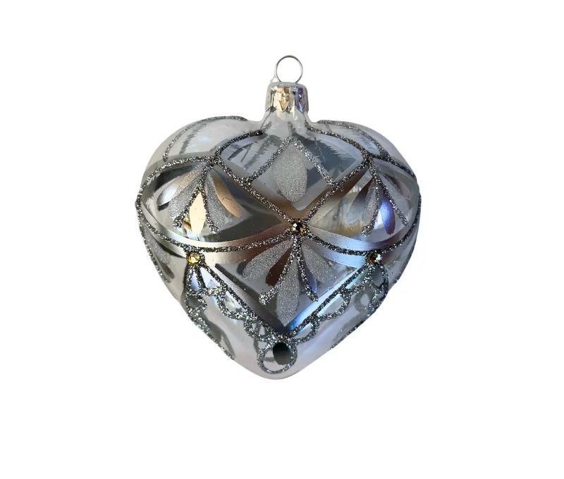 Suspension cœur en verre soufflé translucide argenté motifs dentelle pailletés pierres dorées H10cm