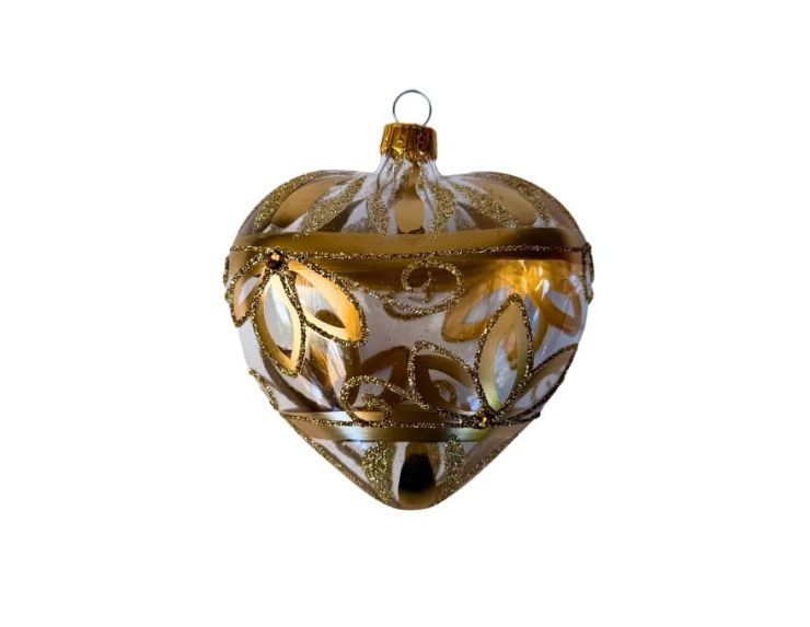 Suspension cœur en verre soufflé translucide doré motifs feuillage et volutes pailletés dorés H10cm
