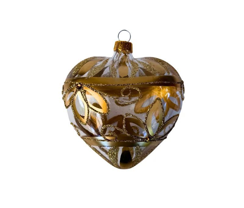 Suspension cœur en verre soufflé translucide doré motifs feuillage et volutes pailletés dorés H10cm
