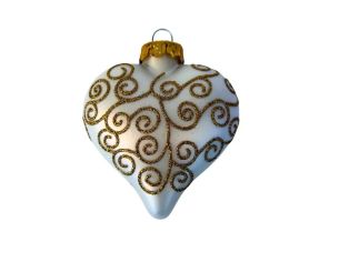 Suspension cœur en verre soufflé blanc mat motifs volutes arabesques pailletés dorés capuchon doré H8cm