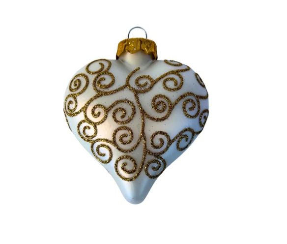 Suspension cœur en verre soufflé blanc mat motifs volutes arabesques pailletés dorés capuchon doré H8cm