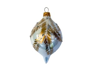 Goutte de Noël en verre soufflé blanc mat branches feuillage doré pailleté pierres argentées capuchon doré H10cm