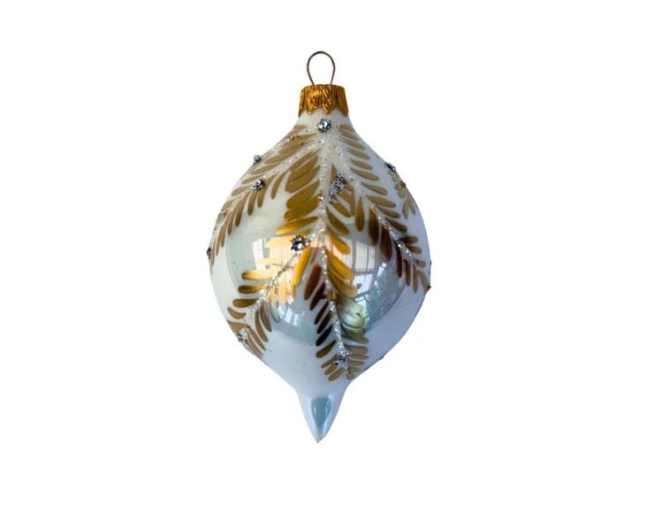Goutte de Noël en verre soufflé blanc mat branches feuillage doré pailleté pierres argentées capuchon doré H10cm