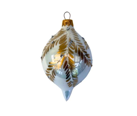 Goutte de Noël en verre soufflé blanc mat branches feuillage doré pailleté pierres argentées capuchon doré H10cm