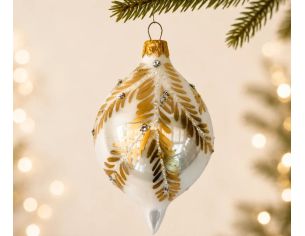 Goutte de Noël en verre soufflé blanc mat branches feuillage doré pailleté pierres argentées capuchon doré H10cm