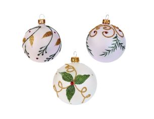 Coffret 3 boules de Noël en verre soufflé blanc mat motifs botaniques feuillage vert houx volutes dorées pierres rouges Ø8cm