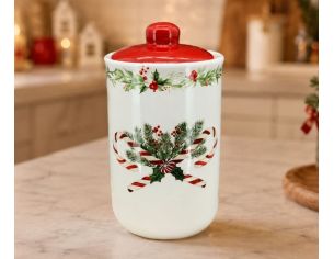 Pot céramique blanc couvercle rouge décor sucres d'orge houx sapin H16cm