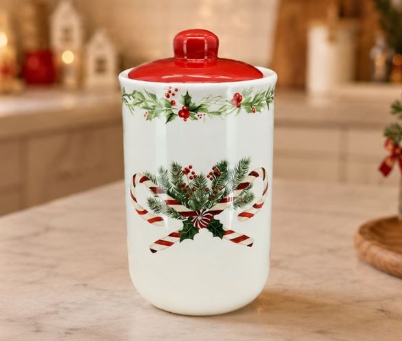 Pot céramique blanc couvercle rouge décor sucres d'orge houx sapin H16cm