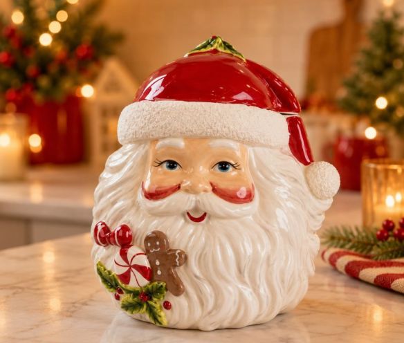 Grand pot à biscuit ou décoratif pour votre cuisine en forme de visage du Père Noël avec son bonnet rouge et blanc.