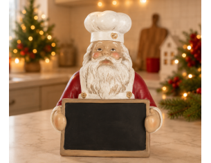 Figurine résine Père Noël cuisinier toque blanche tablier rouge tableau noir H30cm