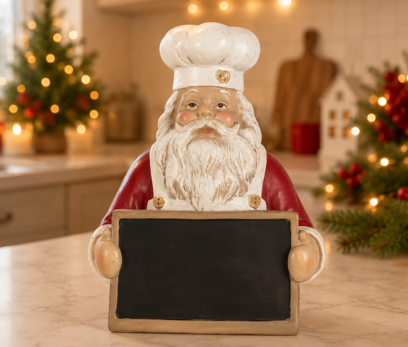 Figurine résine Père Noël cuisinier toque blanche tablier rouge tableau noir H30cm