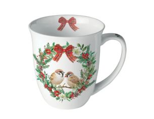 Mug porcelaine blanc couronne houx pommes de pin moineaux nœud écossais rouge 400ml