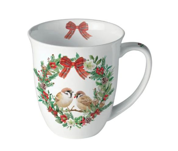 Mug porcelaine blanc couronne houx pommes de pin moineaux nœud écossais rouge 400ml