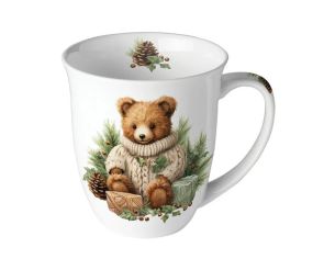 Mug porcelaine blanc ours brun pull tricot cadeau pomme de pin houx 400ml