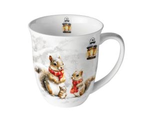 Mug porcelaine blanc écureuils écharpe rouge neige lanternes 400ml