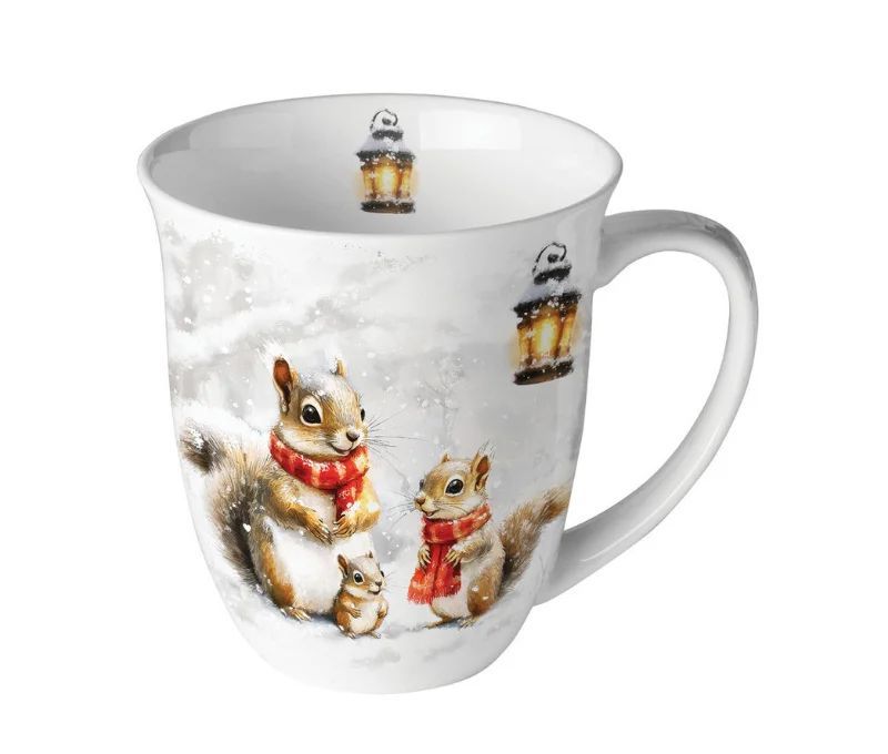 Mug porcelaine blanc écureuils écharpe rouge neige lanternes 400ml