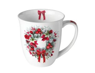 Mug porcelaine blanc couronne sapin givré roses rouges poinsettia nœud rouge 400ml