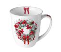 Voir la slide Mug porcelaine blanc couronne sapin givré roses rouges poinsettia nœud rouge 400ml