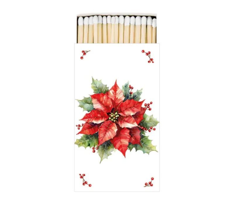 Boîte allumettes blanche poinsettia rouge houx baies rouges 45 allumettes