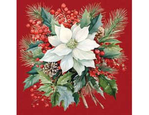 Serviette papier rouge poinsettia blanc bouquet houx pommes de pin 33cm