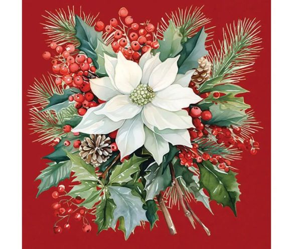Serviette papier rouge poinsettia blanc bouquet houx pommes de pin 33cm