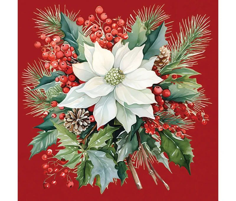 Serviette papier rouge poinsettia blanc bouquet houx pommes de pin 33cm