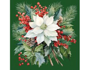 Serviette papier vert poinsettia blanc bouquet houx pommes de pin 33cm