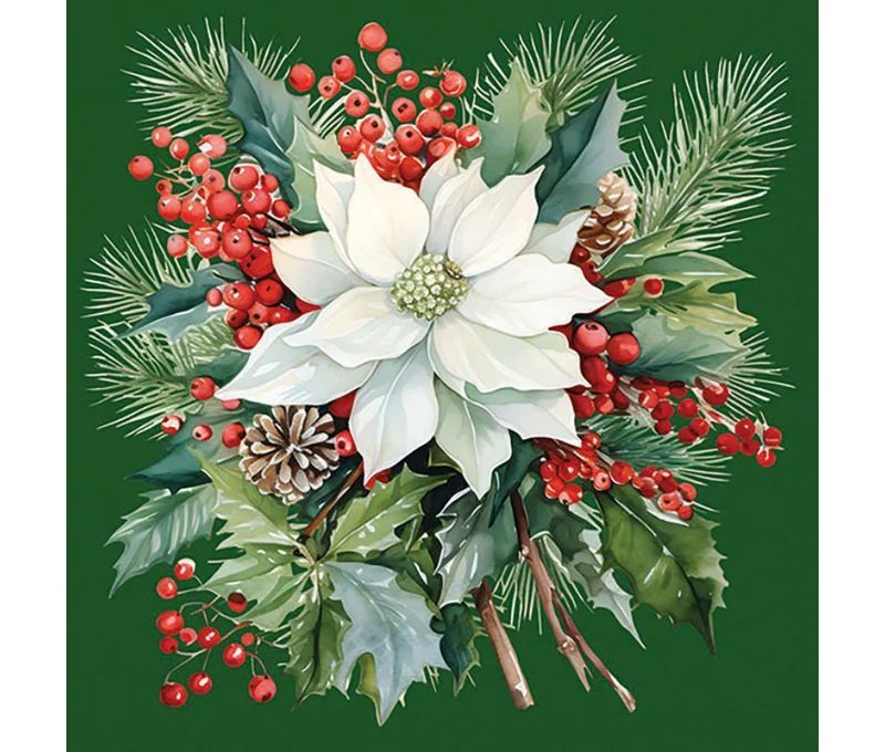 Serviette papier vert poinsettia blanc bouquet houx pommes de pin 33cm