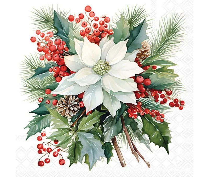 Serviette papier blanc poinsettia bouquet houx pommes de pin 33cm