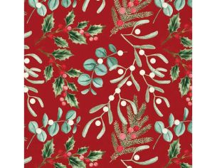 Serviette papier rouge motif houx gui feuillage baies blanches rouges 33cm