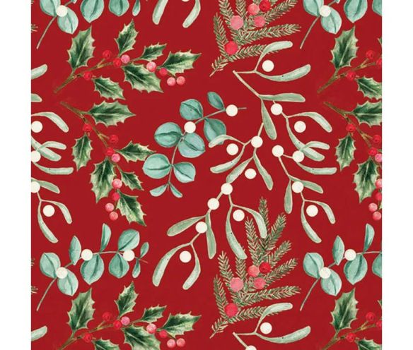 Serviette papier rouge motif houx gui feuillage baies blanches rouges 33cm