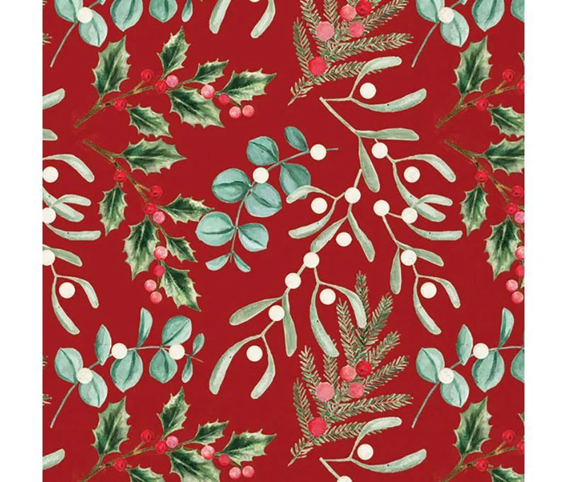 Serviette papier rouge motif houx gui feuillage baies blanches rouges 33cm