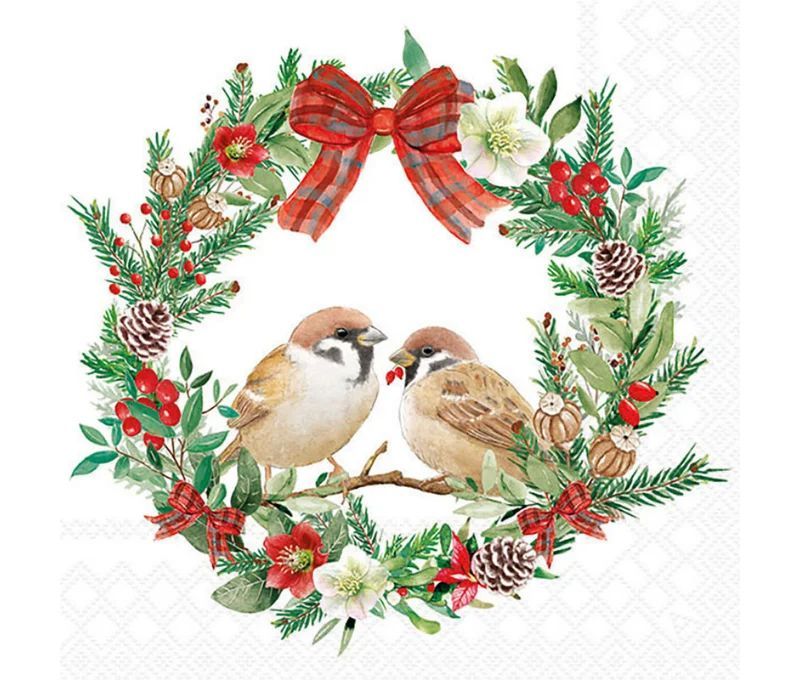 Serviette papier blanc couronne moineaux nœud écossais rouge houx 33cm