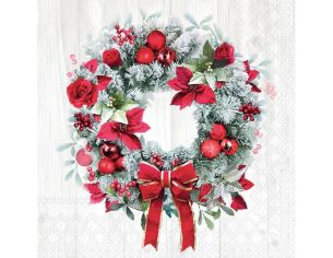 Serviette papier fond bois couronne sapin givré roses rouges poinsettia nœud 33cm