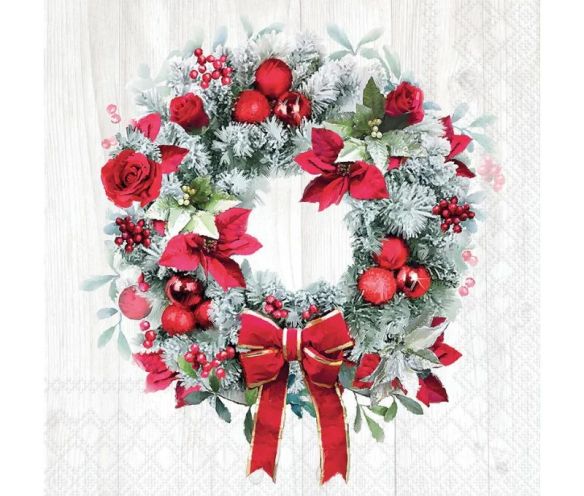 Serviette papier fond bois couronne sapin givré roses rouges poinsettia nœud 33cm