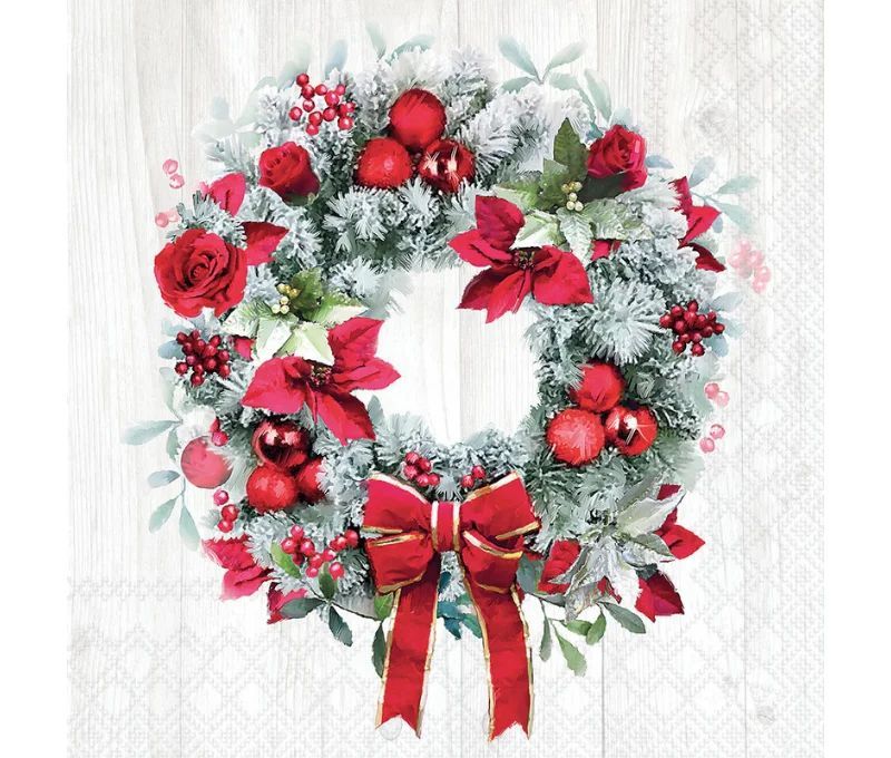 Serviette papier fond bois couronne sapin givré roses rouges poinsettia nœud 33cm
