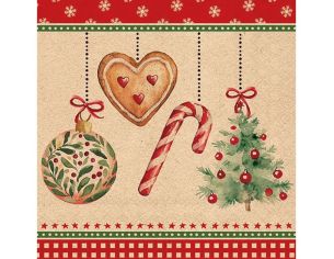 Serviette papier kraft sapin boule cœur pain d'épices canne bonbon 33cm