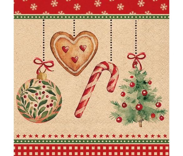 Serviette papier kraft sapin boule cœur pain d'épices canne bonbon 33cm