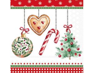 Serviette papier blanc sapin boule cœur pain d'épices canne bonbon 33cm