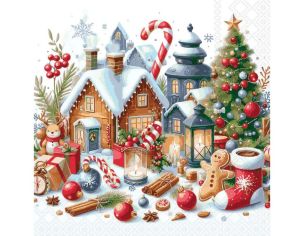 Serviette papier village Noël sapin décoré botte pain d'épices cannes bonbon 33cm