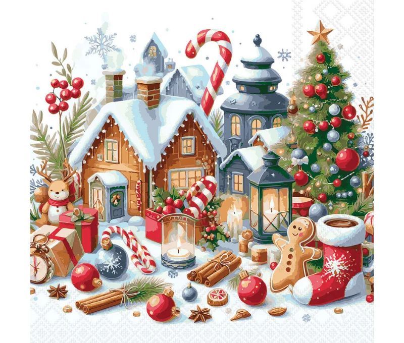 Serviette papier village Noël sapin décoré botte pain d'épices cannes bonbon 33cm