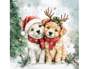 Serviette papier chiots bonnet Noël bois de renne écharpe rouge sapin 33cm