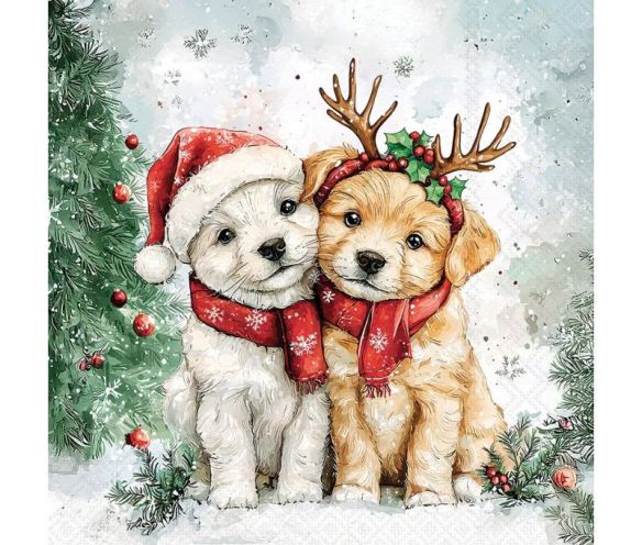 Serviette papier chiots bonnet Noël bois de renne écharpe rouge sapin 33cm