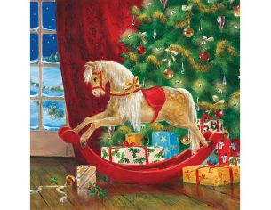 Serviette papier cheval à bascule rouge sapin décoré cadeaux fenêtre neige 33cm