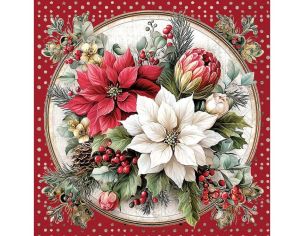 Serviette papier rouge médaillon doré poinsettia rouge blanc protea pois argentés 33cm