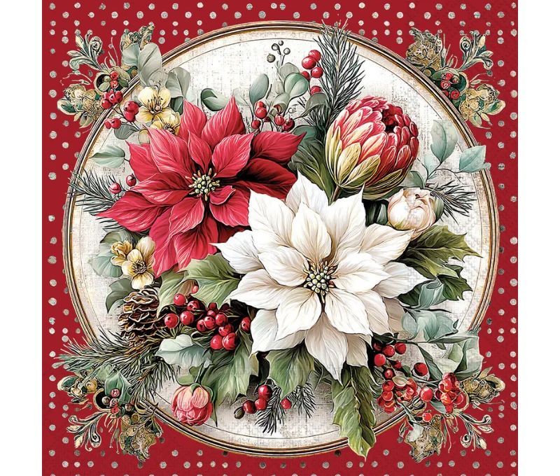 Serviette papier rouge médaillon doré poinsettia rouge blanc protea pois argentés 33cm