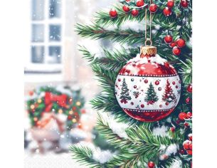 Serviette papier boule Noël rouge blanche sapin branche neige houx 33cm