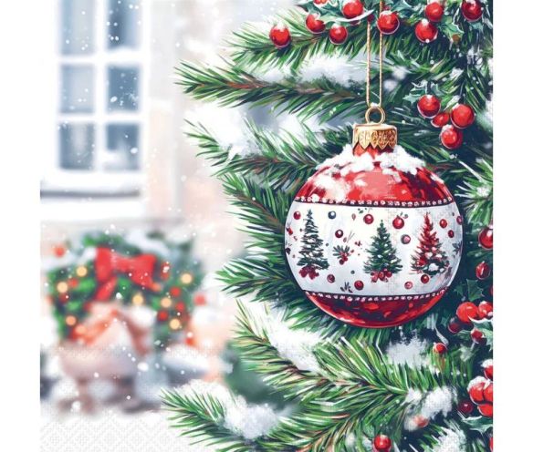 Serviette papier boule Noël rouge blanche sapin branche neige houx 33cm
