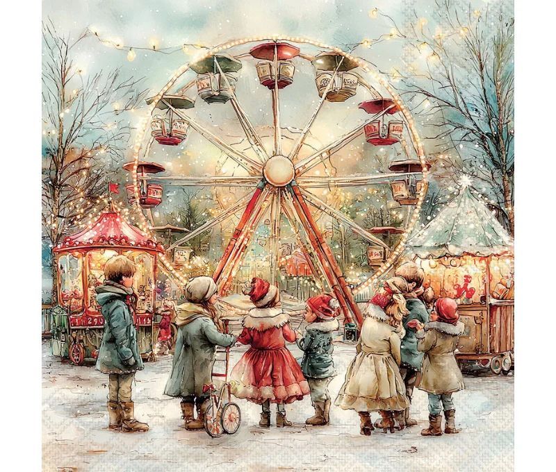Serviette papier marché de Noël grande roue illuminée enfants neige 33cm